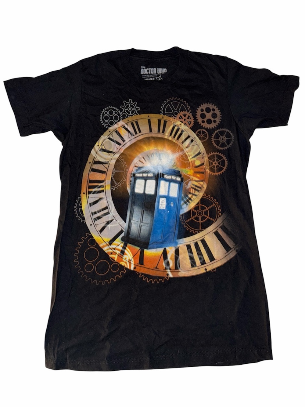 Dr. Who Tshirt Tardis Time Travel SciFi Black Tee Shirt Industrial Steampunk Cog